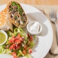 Grande Burrito · Fresh tortilla with beans, rice, pepper, onion, pico de gallo, mixed cheese. Topped with: le...