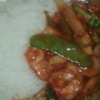 Szechuan Shrimp(Spicy) · Spicy. Served with any rice you like and your choice of side.