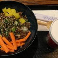 Beef Don Bowl · Sliced beef, egg, green onion, furikake,  cabbage,oshinko. Served with miso soup.
