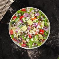 Greek Salad · Romaine lettuce, feta cheese, tomato, cucumbers, and black olives tossed in oil and vinegar ...