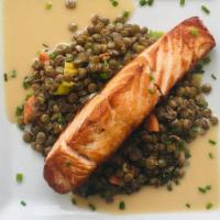 Sautéed Salmon · with Lentils, Mushrooms and Leeks, Chardonnay Beurre Blanc.