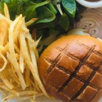Kobe Burger · Gruyère Cheese, Brioche Roll, Mesclun, Pommes Frites.