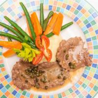 Veal Picatta · With potato and vegetable.