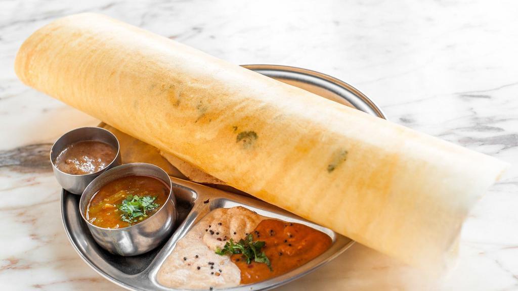 Spinach & Panner Dosa · Home-made cheese and spinach.