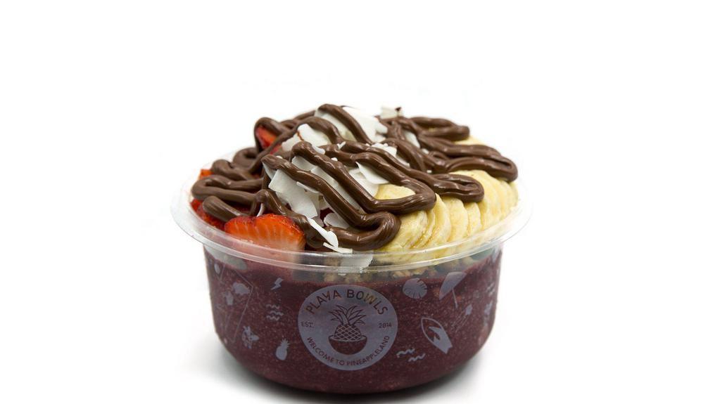 Nutella- Acai Bowl* · Topped with granola, strawberry, banana, coconut flakes and nutella. Blended with 100% pure acai.