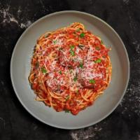 The Red Meatball · Your choice of pasta served with homemade ground beef meatballs, red sauce, red pepper flake...