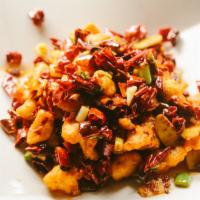 C38  Wok Roasted Diced Chicken · With thousand chili.