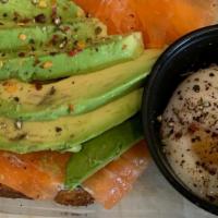Salmon Toast · Smoked salmon, red onion, capers, dill, cream cheese. Served with greens dressed with missio...