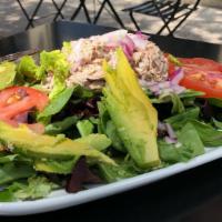 Greens With Chicken Salad  · Chicken salad served over mesclun greens with tomatoes and our mission fig vinaigrette dress...