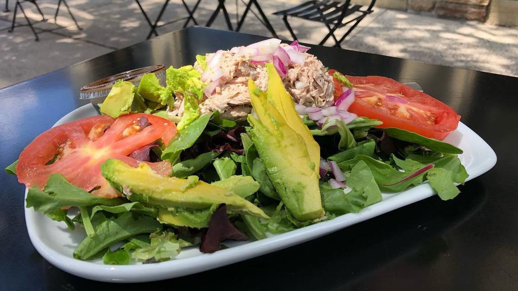 Greens With Chicken Salad  · Chicken salad served over mesclun greens with tomatoes and our mission fig vinaigrette dressing on the side.