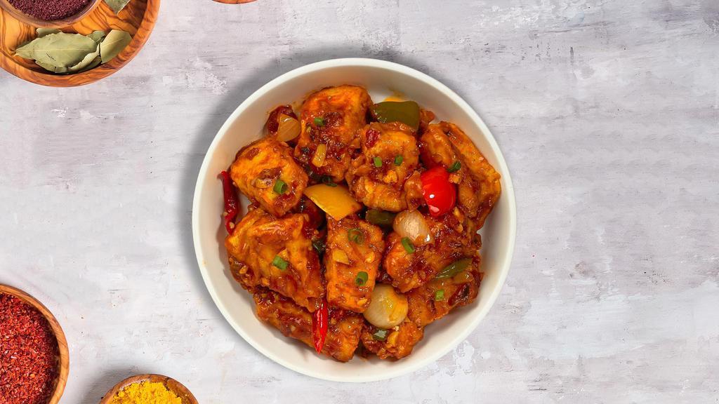 Paneer Chili, Please · Marinated cubes of cottage cheese, bell peppers, and broccoli marinated in a chili garlic sauce.