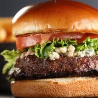 Blue Cheese Burger · Cajun seasoned burger, Blue cheese crumbles, lettuce, tomato and Melt sauce.