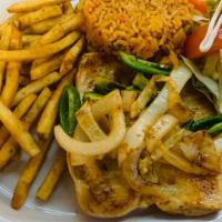 Pollo Loco · Grilled chicken breast with grilled onions and jalapeños. Served with rice, fries and guacam...