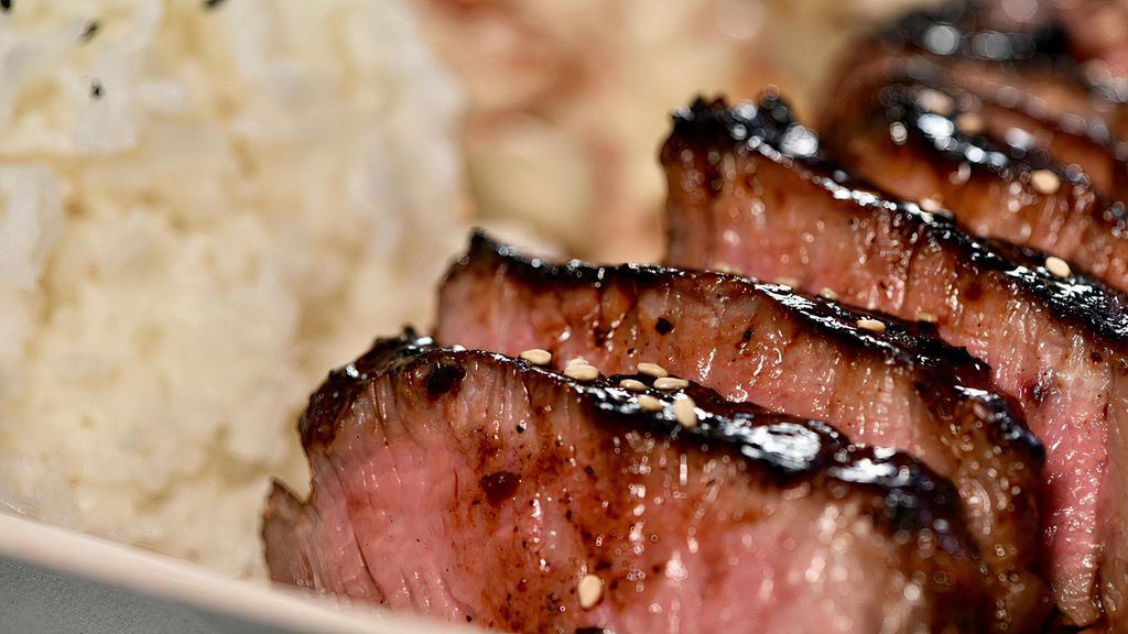 Teriyaki Steak (Regular) · Top sirloin grilled and glazed with our secret scratch teriyaki sauce.  Served with three Sides.