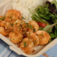 Spicy Garlic Shrimp (Mini) · Pan seared shrimp in our house garlic sauce.  Served with two Sides.