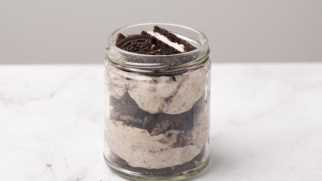 Cookies N’ Cream Cheesecake Jar · Oreo cheesecake, brownie bits, Oreo cookie crumble