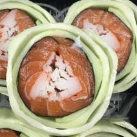 Salmon Naruto · Salmon and crab rolled in cucumber with seaweed.