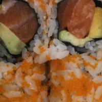 Sunshine Roll · Salmon, avocado, mango and masago outside. Roll is 6 pieces, hand roll is one large cone sha...