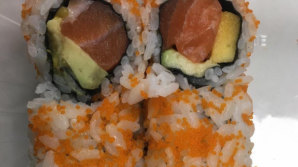 Sunshine Roll · Salmon, avocado, mango and masago outside. Roll is 6 pieces, hand roll is one large cone shaped piece.