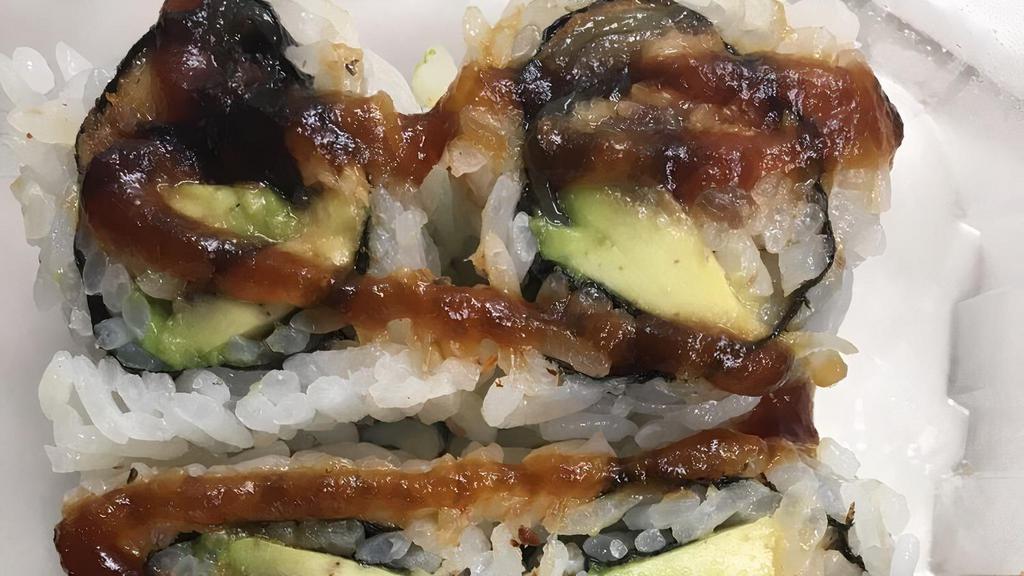 Eel Roll · Unagi with cucumber or avocado. Roll is 6 pieces, hand roll is one large cone shaped piece.