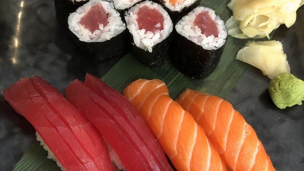 Chef Special I With Salad · Assorted 7 pieces of sushi (2 salmon, 2 tuna, 1 red snapper, one white tuna, 1 yellowtail), 3 pieces salmon roll and 3 pieces tuna roll. Served with soup or salad.