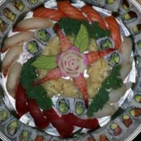 Platter B · 20 pieces of assorted sushi, 12 California rolls, spicy tuna rolls (6 pieces), eel cucumber ...