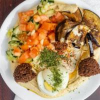 Sabich Plate
 · Two hard boiled eggs, hummus, Israeli salad, fried eggplant, pickles, onion, and mango sauce...