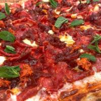 Dolce Inferno - Square Pie (6 Slices) · Spicy Soppressata - Nduja - Caramelized Tropea Onion - Smoked Provola - Tomato Sauce - Mozza...