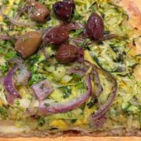 Zucchini (Vegan) - Slice  · Zucchini - Yellow Squash - Red Onion - Taggiasca Olives - Basil