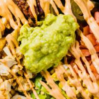 Burrito Bowl · With your choice of protein, steamed white rice, beef chilly,. corn, pico, jalapeno, guacamo...