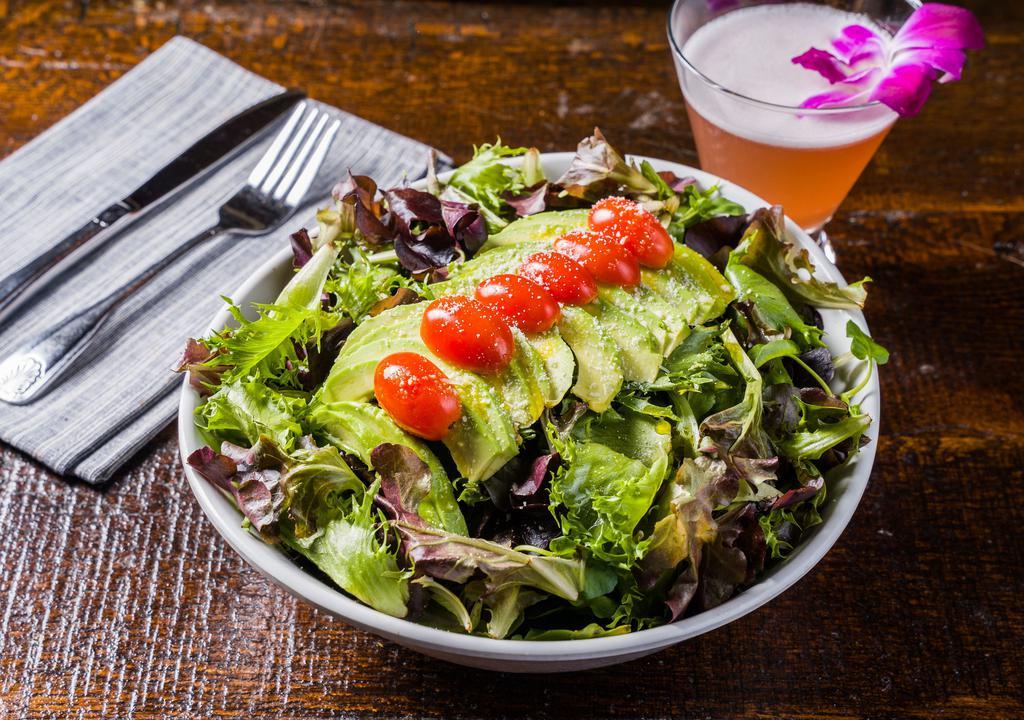 Avocado Salad · Avocado with mixed green, Parmesan cheese, Grape tomato, Olive. oil and Sesame ginger dressing.