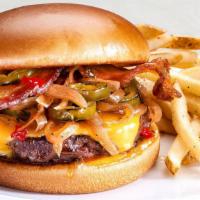 Fiery Bacon Burger · Grilled jalapenos pepper jelly caramelized onions american cheese bacon and brioche bun.