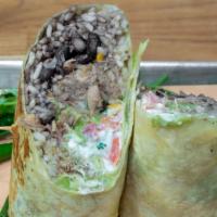 Carnitas Burrito · Served with Mexican rice, guacamole, beans, cheese, sour cream and pico de gallo.