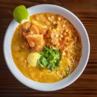 Mohinga Soup · Spicy. Burmese fish noodle soup. Thin rice noodles with Burmese fish noodles soup, ginger, l...