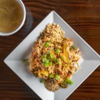 Shan Khauk Swal Thoke · Rice noodle, ground chicken with tomato, scallion crushed peanut and pickled mustard green l...