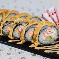 Dynamite Roll (10 Pc) · With salmon, avocado and cream cheese, deep fried and spicy mayo on top.