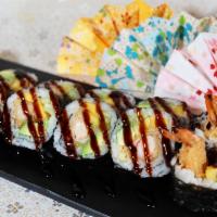 Honolulu Roll (10 Pc) · With tempura shrimp, mango, avocado and cucumber, eel sauce on top.