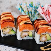 Sunshine Roll(8 Pc) · with tempura shrimp and avocado,spicy tuna,spicy mayo and eel sauce on top.