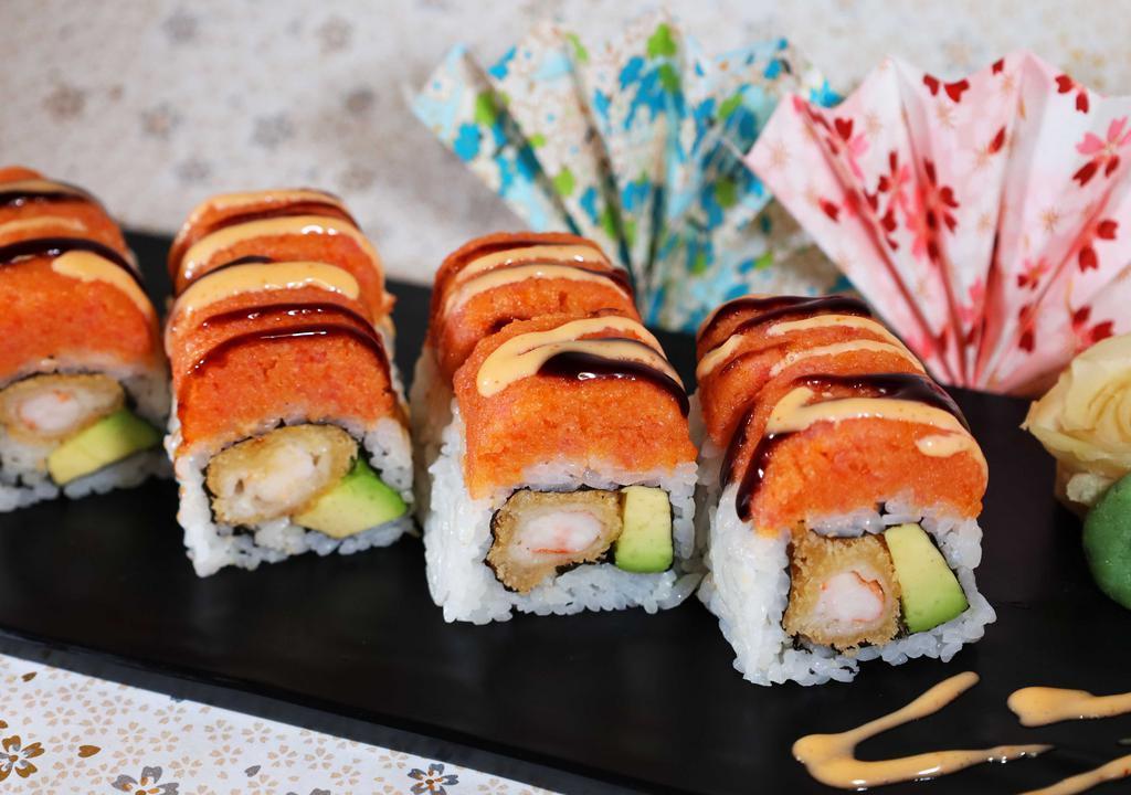 Sunshine Roll(8 Pc) · with tempura shrimp and avocado,spicy tuna,spicy mayo and eel sauce on top.