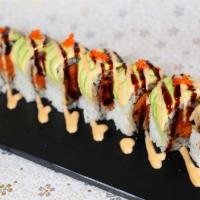 Caterpillar Roll (8 Pc) · With spicy crunchy tuna inside, avocado, masago and spicy mayo sauce on top.