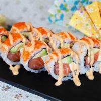 Alaska Roll (8 Pc) · With salmon, avocado and cream cheese, masago and spicy mayo on top.
