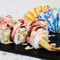 Snow Mountain Roll(8 Pc) · with tempura shrimp and avocado,kani,spicy mayo and eel sauce on top.