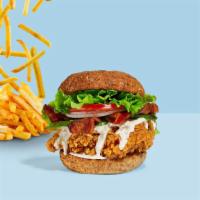 All About Cado Bacon Chicken Sandwich · Moist & juicy fried chicken, sliced avocado, applewood smoked bacon, lettuce, tomatoes, ranc...
