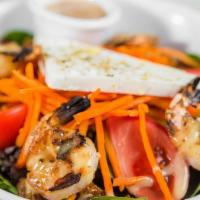 L12 Santorini Salad With Shrimp. · Santorini Salad with Charbroiled Shrimp, Toasted Pita Bread and choice of dressing