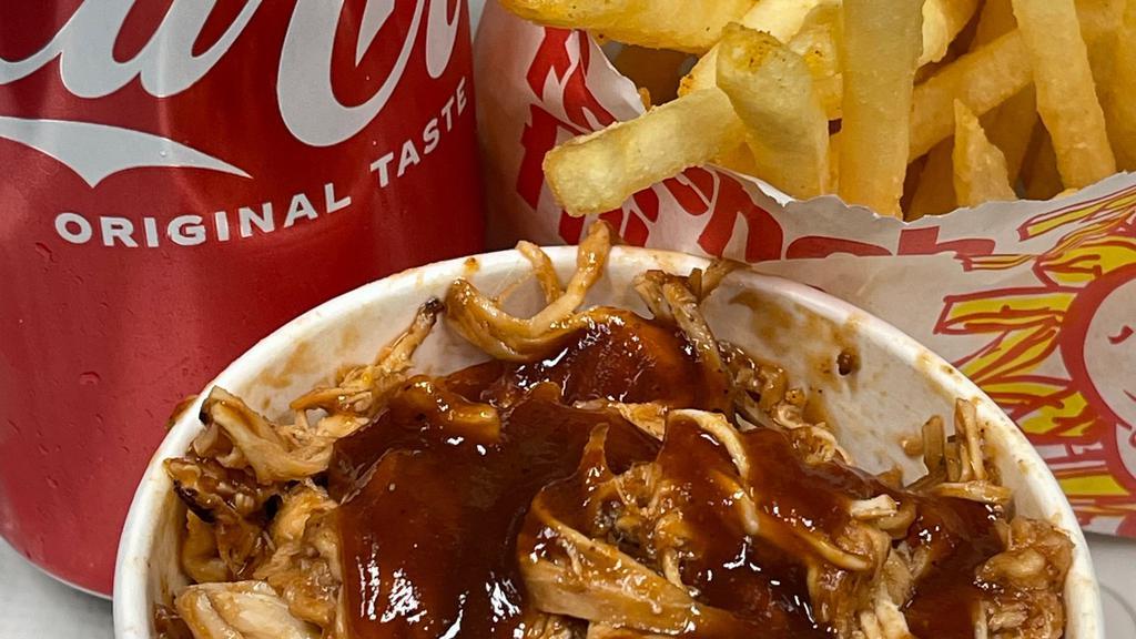 Pulled Chicken, Fries, Drink · Chicken Over 2 Sides of your Choice.