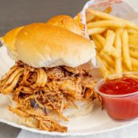 Pulled Chicken Sandwich, Fries, Drink · Pulled BBQ Chicken On a Hard Roll.