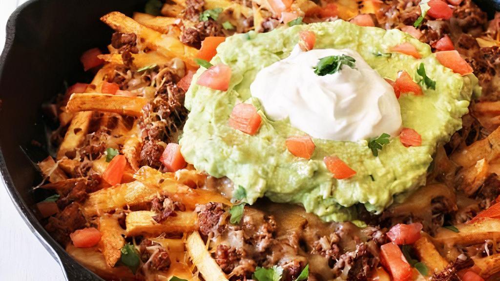 French Fry Nachos · Protein, fries, cheese sour cream, and special sauce.