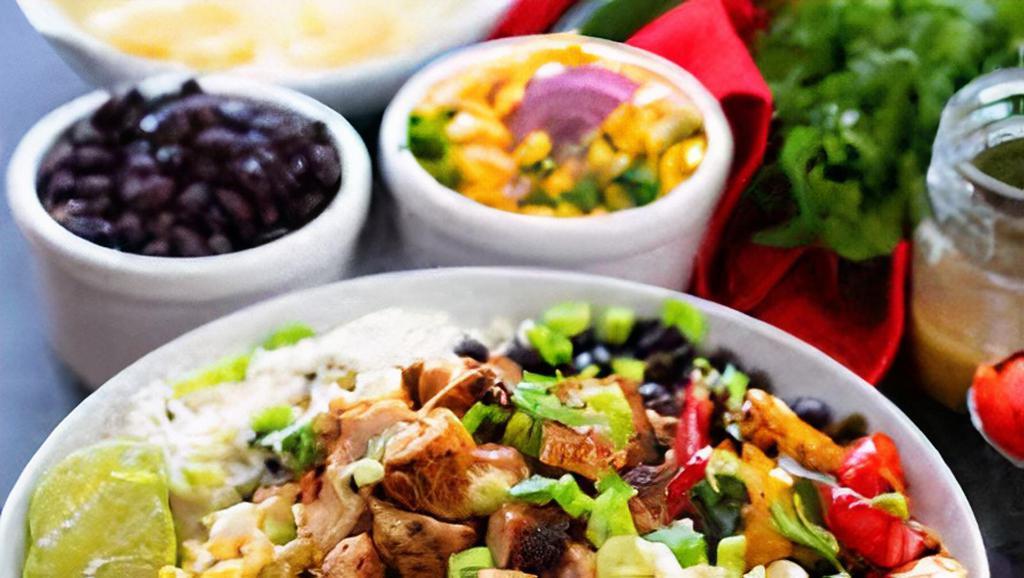 Bowl Burritos · Choice of protein rice beans, lettuce, tomatoes, onions, cheese, sour cream.