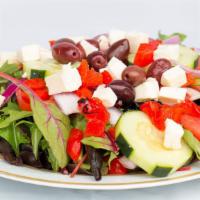 Lievito'S Salad · Spring greens topped with cucumbers, tomato, fresh mozzarella, roasted peppers, onions and o...