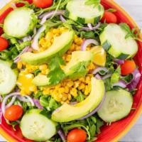 Avocado Salad · Arugula, avocado, cilantro, fresh lemon, cherry tomato, corn, onions and cucumbers.